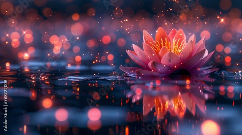  A water lily with pink petals floating on a serene pond, adorned by rippling droplets below