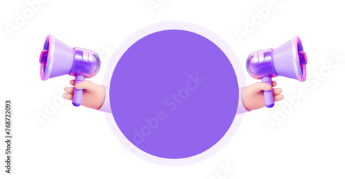 3D round speech bubble with a megaphone in hand. With an empty space for the text.