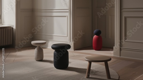  Two stools sit atop wooden floorboards, adjacent to a heater and a radiator