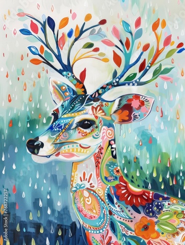 Floral Deer with Colorful Patterns Background of Blues and Greens  with Raindrops