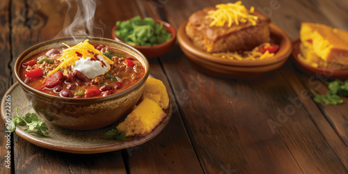 Hearty Chili Con Carne with Sour Cream and Cheddar, Served with Cornbread and Guacamole