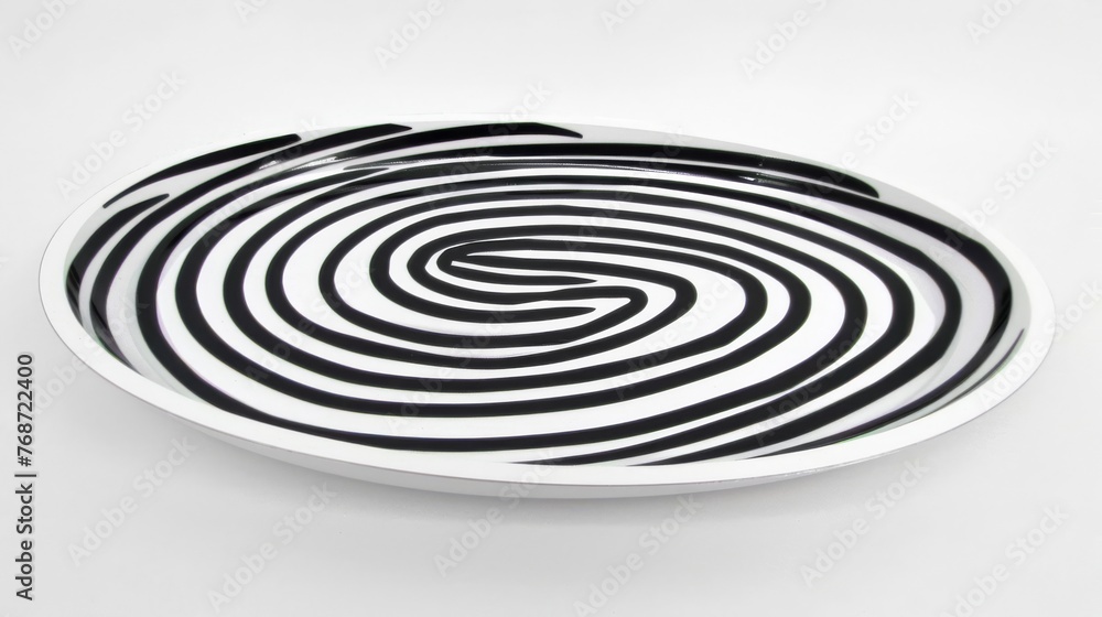 A monochrome dish with a swirling pattern on top, placed on a white background A monochrome dish with a swirling pattern on top, placed on a white background