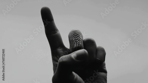  A clear photo of a hand with a distinct fingerprint on the index finger in black and white