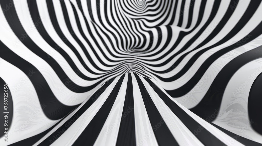 Fototapeta premium Abstract hypnotic pattern with black-white striped lines. Psychedelic background. Op art, optical illusion. Modern design, graphic texture.