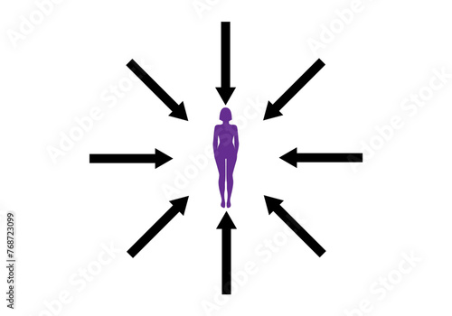 Icono de una silueta de mujer een morado con 8 flechas en círculo apuntándola. Salidas profesionales, Acusación. Responsabilidades femeninas