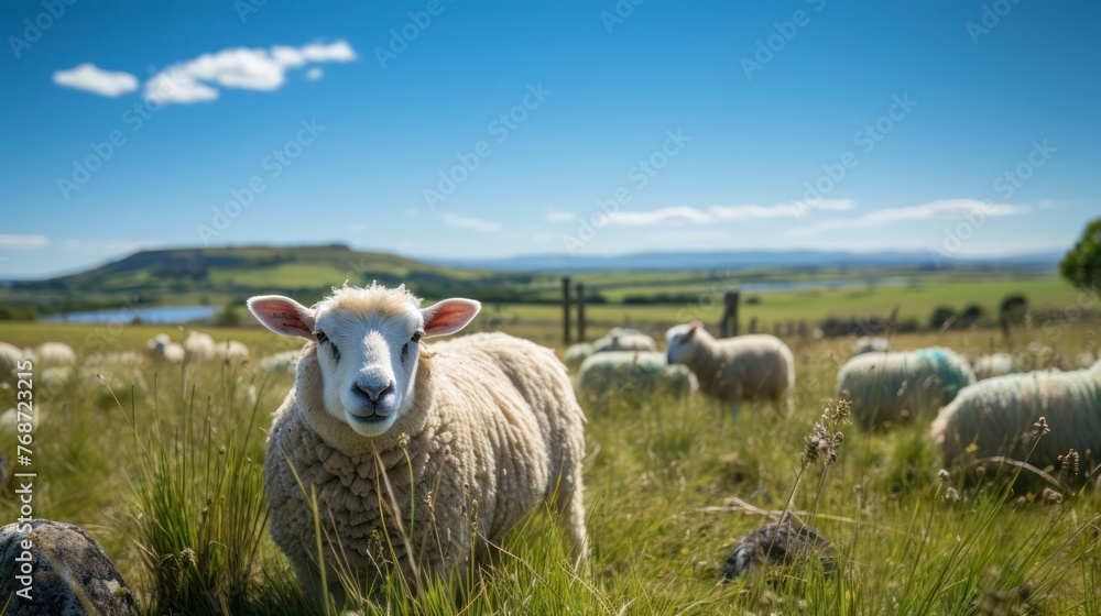Fototapeta premium Sheep farm with green grass and clear sky
