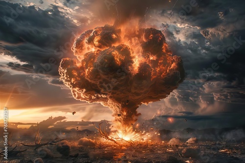 Nuclear Bomb Explosion with Huge Mushroom Cloud, Catastrophic Destruction and Fallout, Digital Art photo