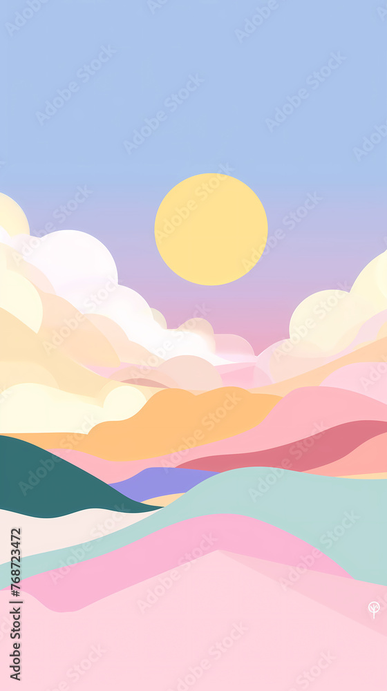 Landscape in pastel colors with lake and mountains. Vector illustration.