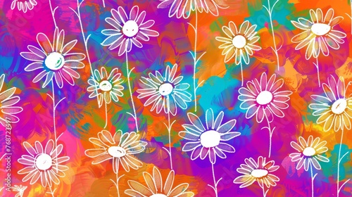 Wallpaper Mural  A vivid depiction of white daisies against a colorful canvas, framed by a crisp white circle Torontodigital.ca