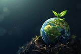 Planet Earth with green plant sprouts emerging, concept of environmental conservation and sustainability, digital illustration