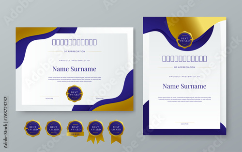 Blue white and gold certificate of appreciation border template with luxury badge and modern line and shapes. Certificate of achievement, awards diploma, education, school