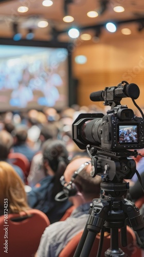 Professional cameraman with a video camera recording events or conferences