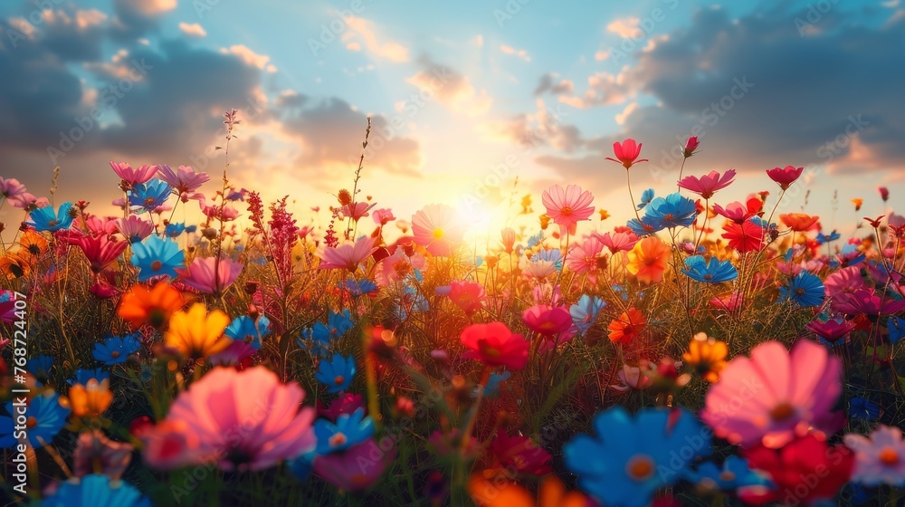  A field of vibrant blossoms bathed in midday sunlight