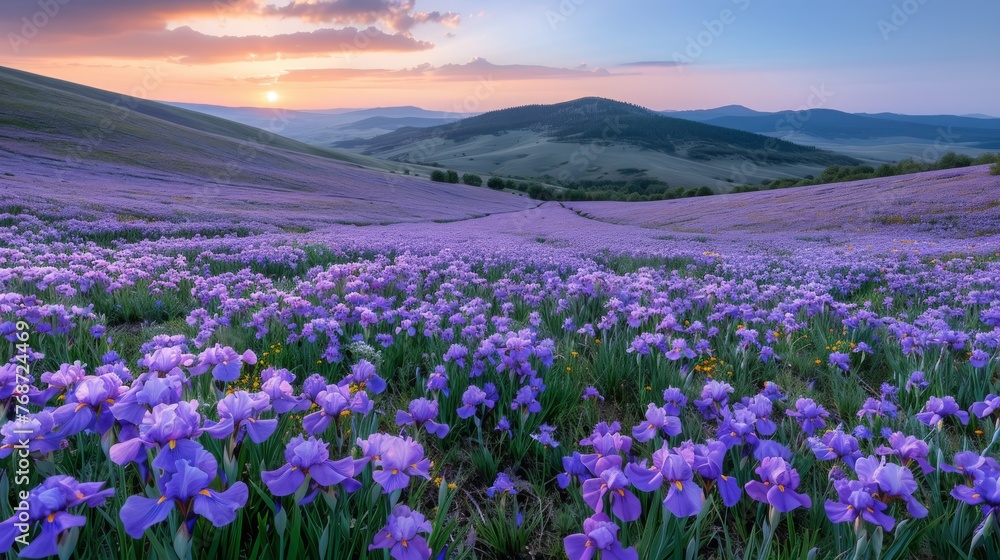  Purple flower field on mountaintop, sun sets beyond distance