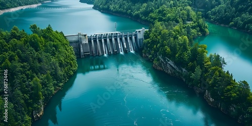 Generating Clean Energy: Aerial View of a Hydroelectric Dam Serving a Factory. Concept Clean Energy, Aerial View, Hydroelectric Dam, Factory, Sustainability