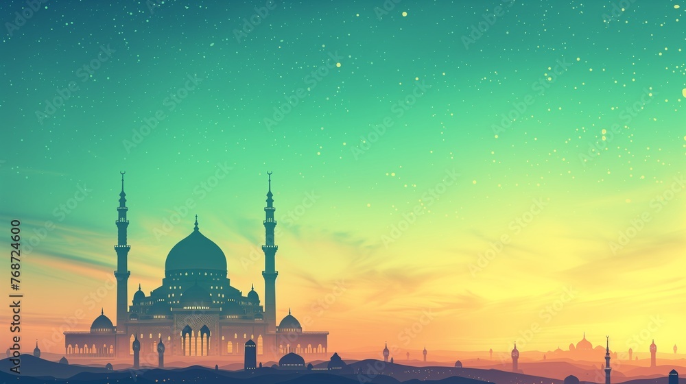 Cinematic green starry Ramadan kareem eid islamic mosque background illustration colorful for wallpaper, poser and greeting card.