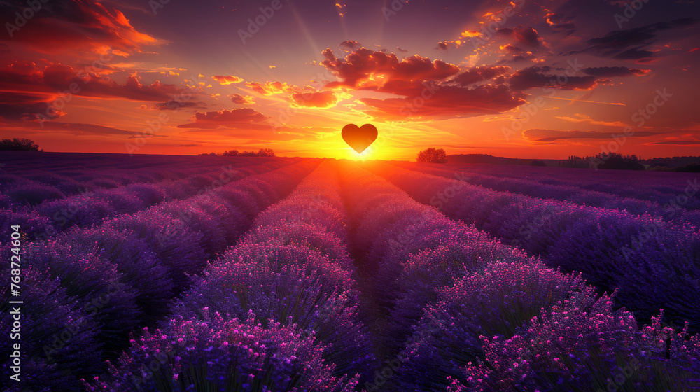  The sun sets over a lavender field, with a heart-shaped balloon floating amidst the blooms