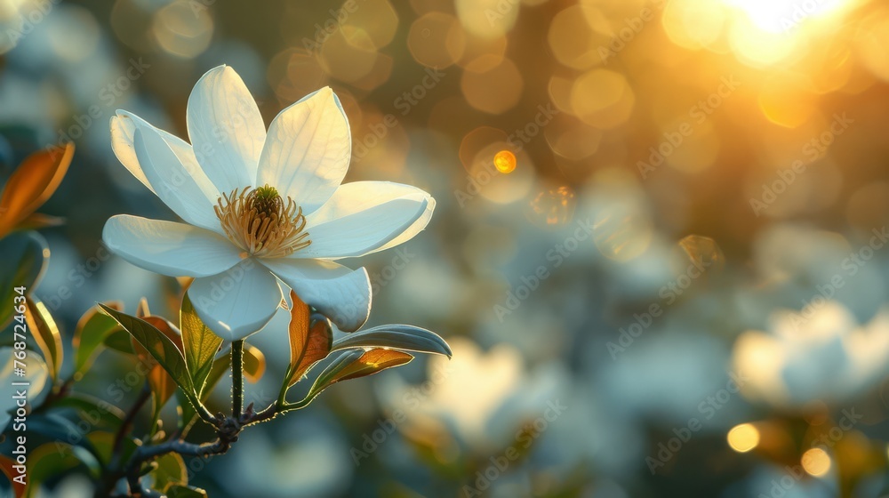  A white flower rests atop a green branch, illuminated by the sun's rays in the background
