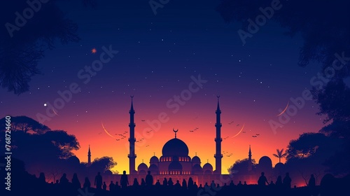 Cinematic Ramadan kareem night eid islamic mosque background illustration colorful for wallpaper, poser and greeting card.