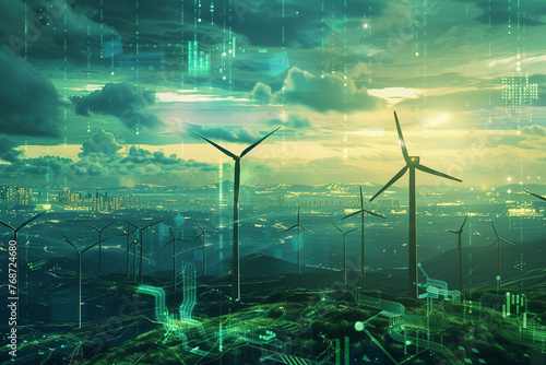 A futuristic view of the digital economy's impact on the World Economic landscape, emphasizing green energy and digital assets.