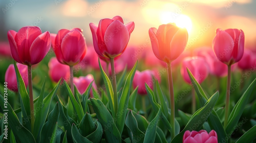  A field adorned with vibrant pink tulips, bathed in the warm glow of the sunset in the background