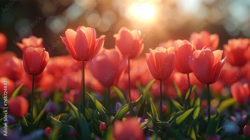  A picture of many pink tulips under the sun, with trees behind and blue-purple flowers in front