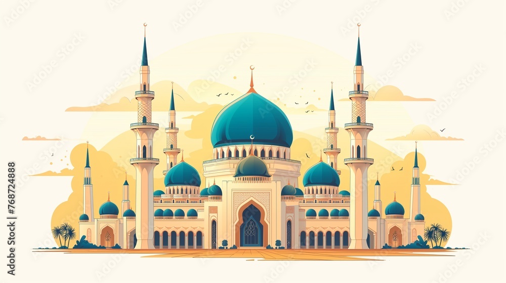 Cinematic Ramadan kareem eid islamic mosque illustration colorful for wallpaper, poser and greeting card.