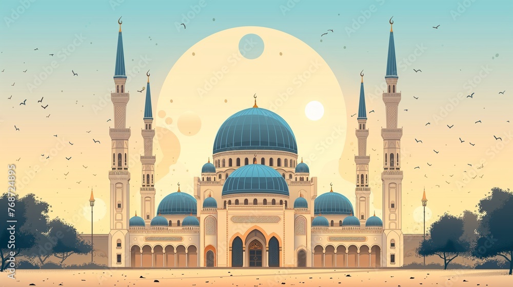 Cinematic Ramadan kareem eid islamic mosque and moon illustration colorful for wallpaper, poser and greeting card. - obrazy, fototapety, plakaty 