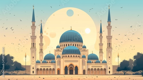 Cinematic Ramadan kareem eid islamic mosque and moon illustration colorful for wallpaper, poser and greeting card.