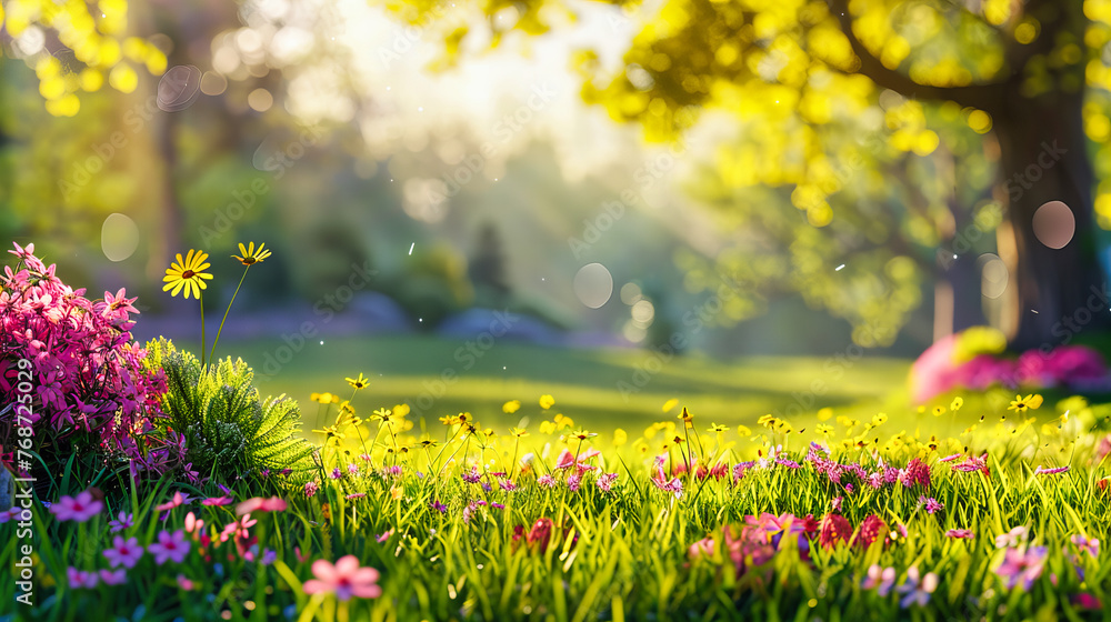 Fototapeta premium Fresh Spring Meadow: Bright Flowers and Lush Green Grass, A Scenic View of Nature Beauty