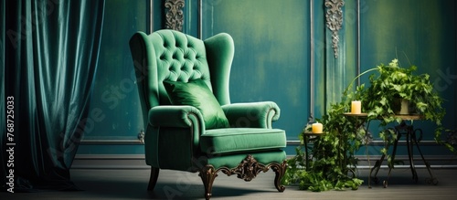 A vintage luxury green armchair is positioned in front of a matching green wall in a vintage room. The chair stands out against the wall, creating a cohesive aesthetic.