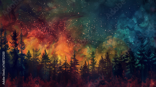 Illustration of the forest at night, watercolor style