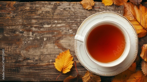  A white saucer sits atop an autumn-leaf strewn table, holding a steaming cup of tea