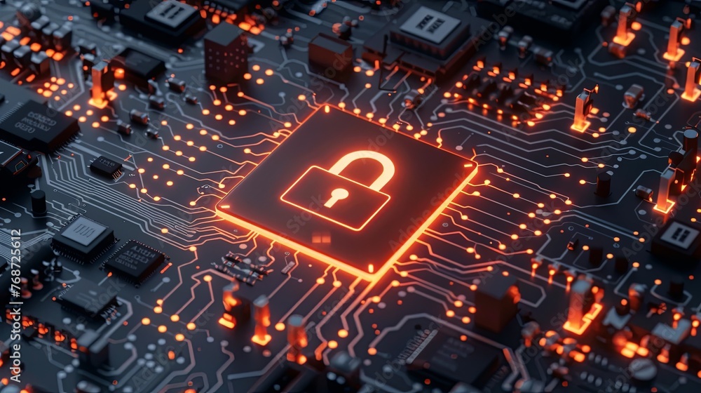Circuit board with glowing padlock symbol on black background Circuit board with glowing padlock symbol on black background