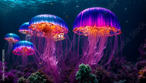 colorful glowing jellyfish in deep ocean