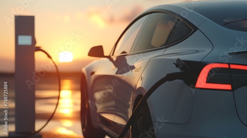 Electric Vehicle Charging at Sunset: A White Car Plugged into a Charging Station with Warm Sunlight in the Background