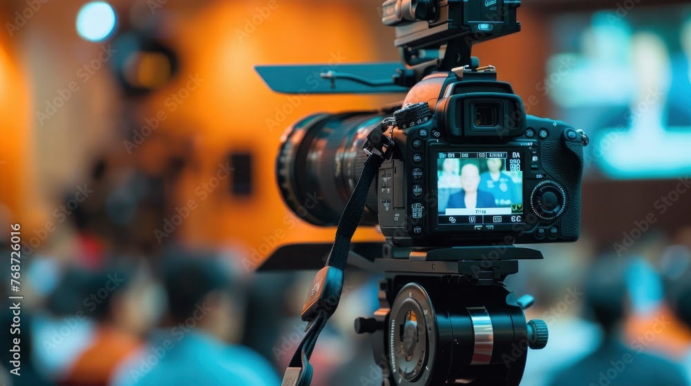 Professional cameraman with a video camera recording events or conferences