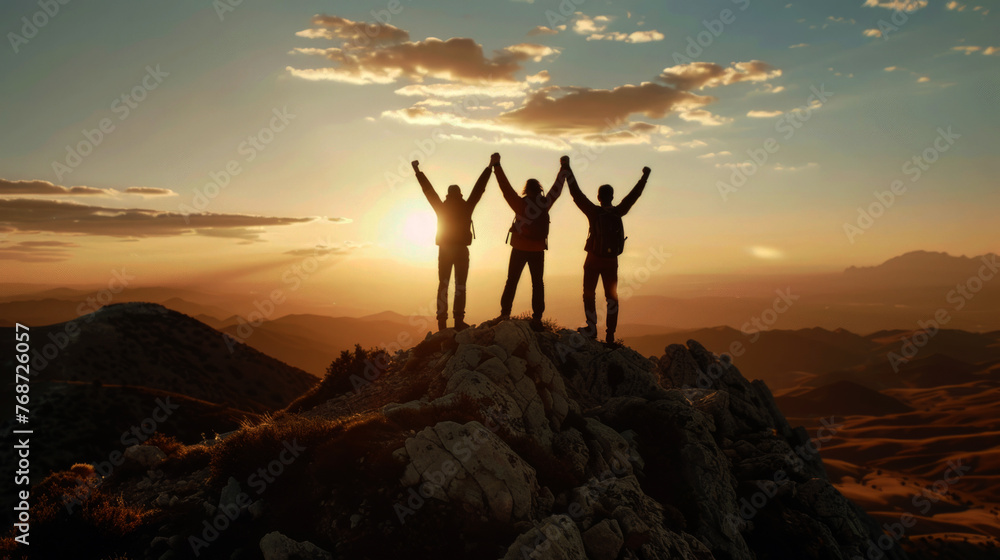 Together overcoming obstacles with three people holding hands up in the air on mountain top ,  - obrazy, fototapety, plakaty 