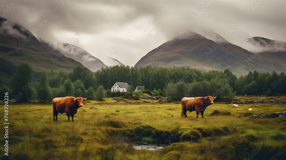 Obraz premium Rustic Charm, Highland Cattle Grazing in Scottish Highlands. Generated AI