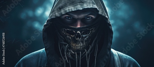 A man wearing a hooded jacket with a skull mask covering his face stares directly at the viewer with an intense gaze. The skull design adds a dramatic and eerie element to his appearance.