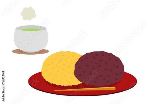 赤い皿に載ったおはぎとお茶のイラスト
