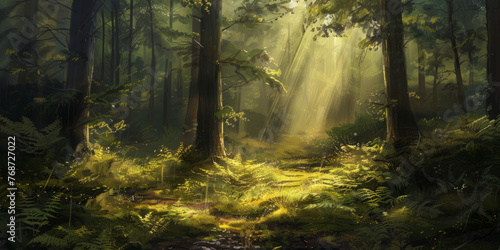A magical forest scene where sunbeams break through the foliage to illuminate the forest floor and ferns