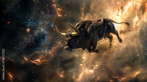 Editorial photography style illustrating the Bitcoin bull as it traverses the universe