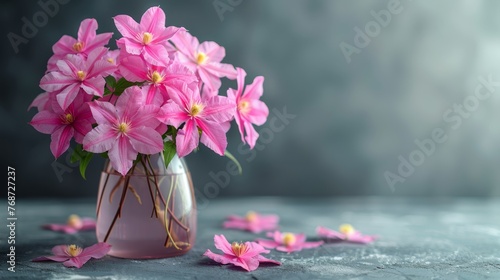  A pink-filled vase rests atop a table, surrounded by fallen pink flowers © Nadia