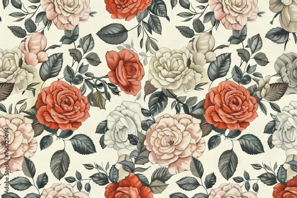 Vintage-inspired floral pattern with hand-drawn roses, peonies, and leaves in soft muted colors, seamless vector background