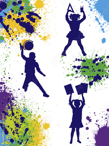 Silhouette of jumping school children with globe, ruler, books on background of color splashes and blots. Vector illustration
