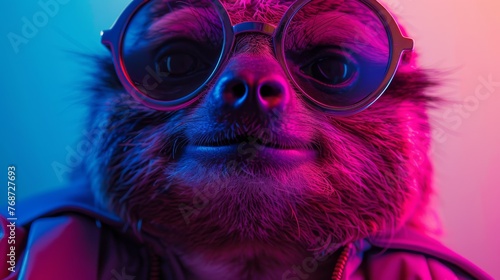  A picture of a close-up sloth wearing glasses, hoodie, and with a pink and blue background illumination