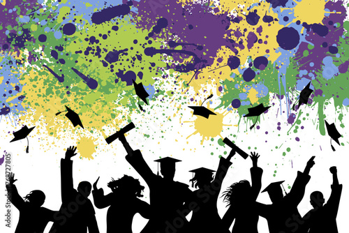 Silhouette of happy graduate students with graduation caps and diploma or certificates on background of color splashes and blots. Graduation event. Vector illustration