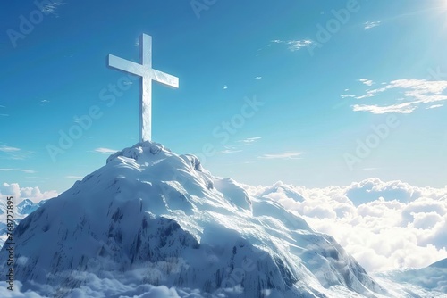 White cross silhouetted against blue sky on snowy mountain peak, spiritual symbol of faith and hope, digital illustration