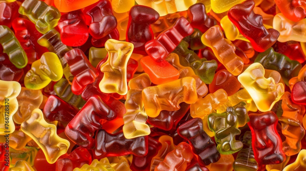  A mountain of multicolored gummy bears stacked on top of one another